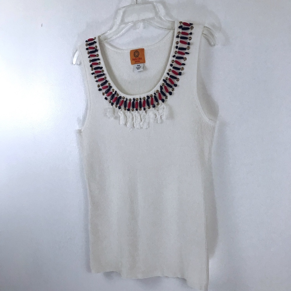 Ruby Rd. White Beaded Tassel Ribbed Tank Top PXL - Picture 6 of 7
